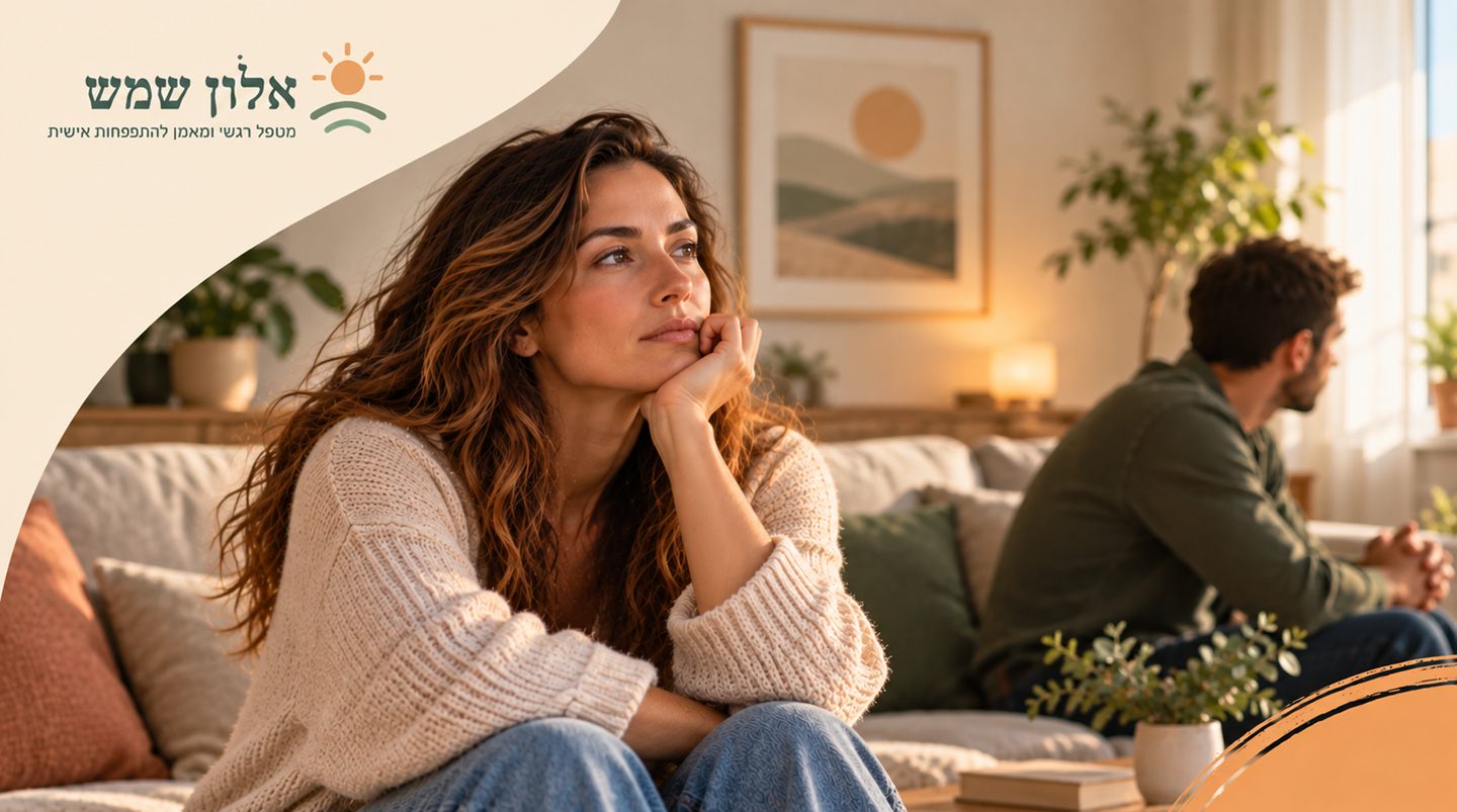 אישה יושבת מהורהרת בסלון ובן זוג יושב מרוחק ברקע - למה נמשכים שוב ושוב לאנשים שלא מתאימים לנו