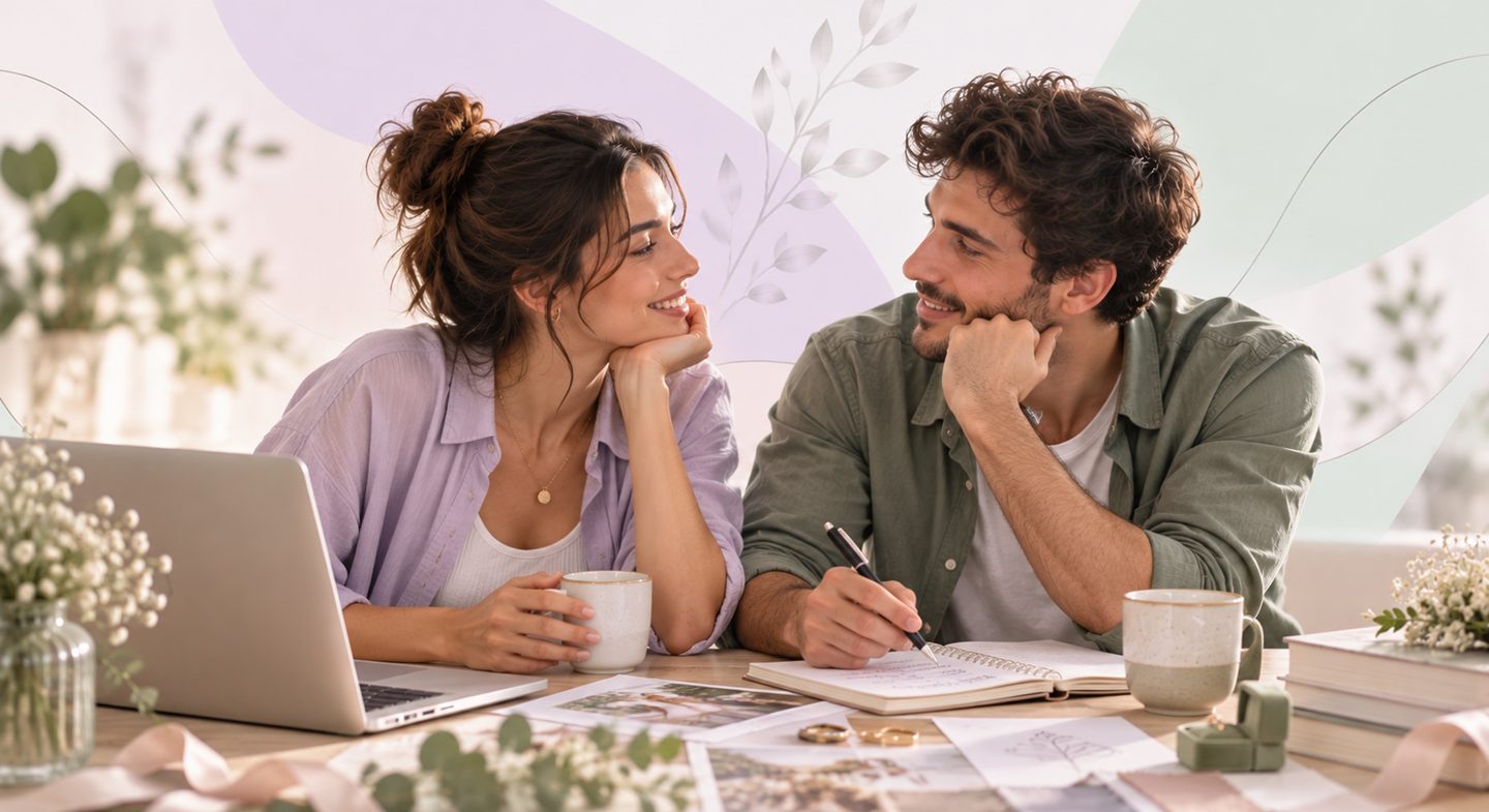 זוג צעיר יושב יחד ליד שולחן ומתכנן את העתיד המשותף בחיוך - בניית קשר רגשי חזק ותקשורת טובה לפני החתונה