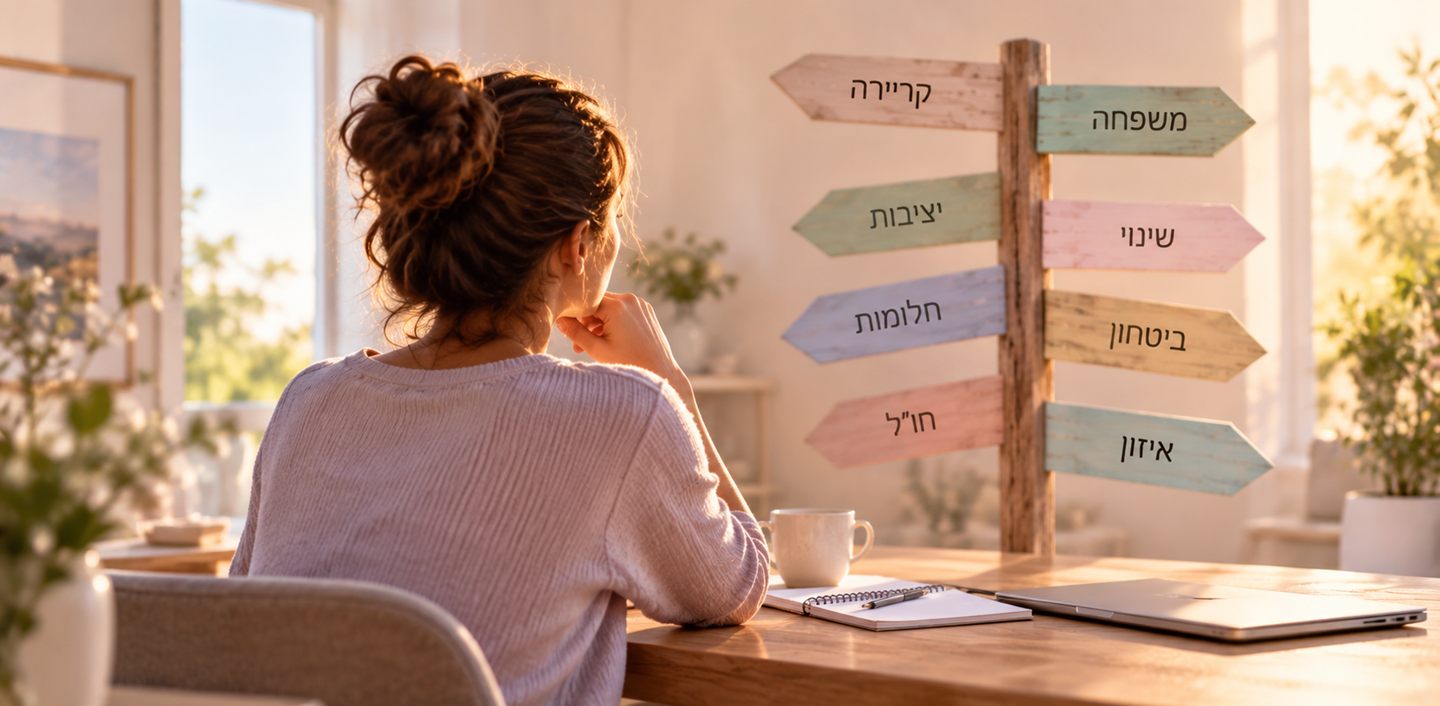 אישה יושבת ליד שולחן ומביטה בשלט עם כיוונים שונים בחיים - קבלת החלטות והפחד לאכזב אחרים