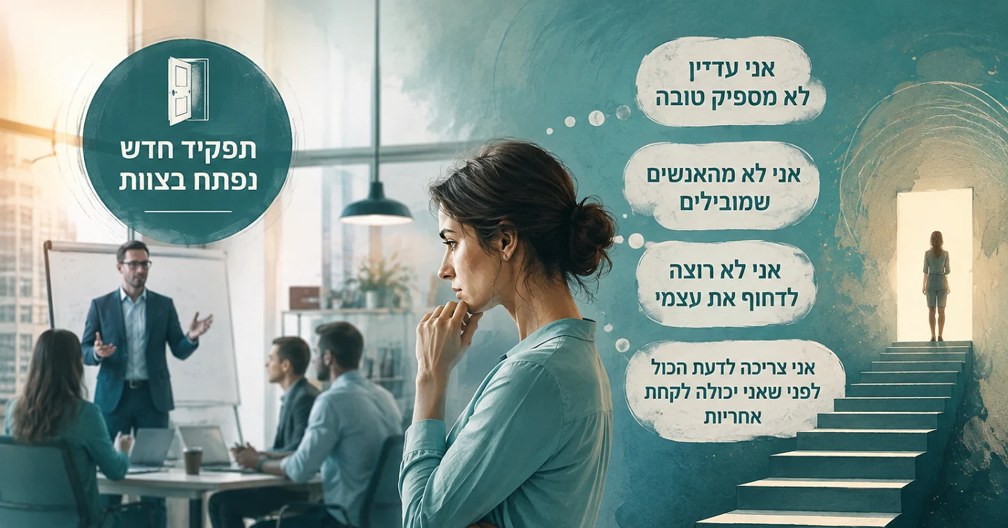 עובדת עומדת בצד ישיבת צוות ומהרהרת - האמונות המגבילות שעוצרות עובדים טובים מלהתקדם