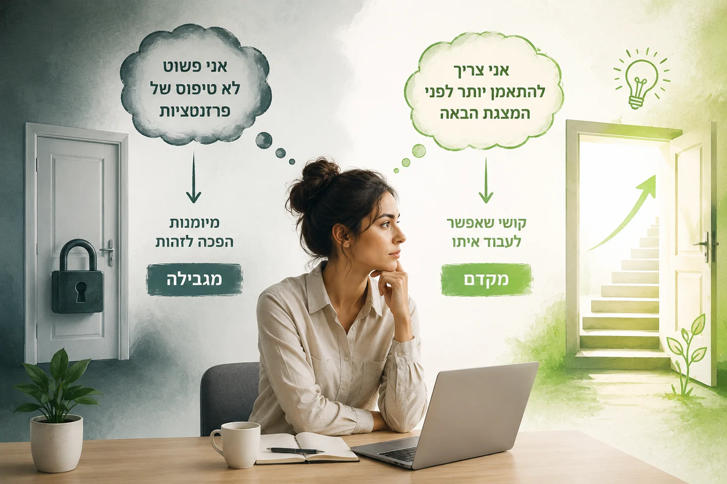 אותה מחשבה בשתי גרסאות - "אני לא טיפוס של פרזנטציות" מול "אני צריך להתאמן יותר לפני המצגת הבאה"