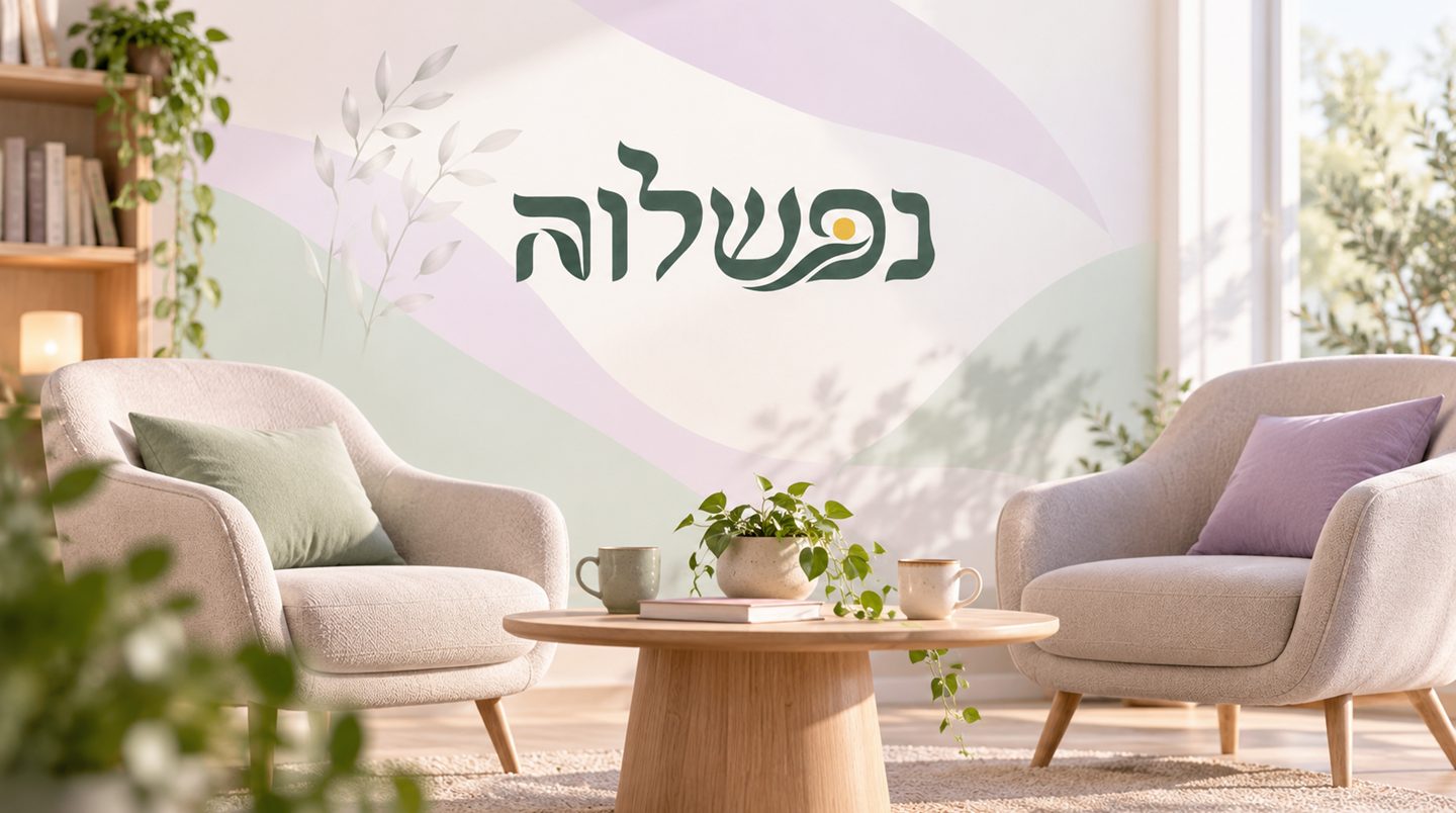 חדר טיפול רגוע בקליניקה של נפשלווה עם שתי כורסאות ושולחן עץ ולוגו נפשלווה על הקיר - מרחב בטוח לשיחה זוגית