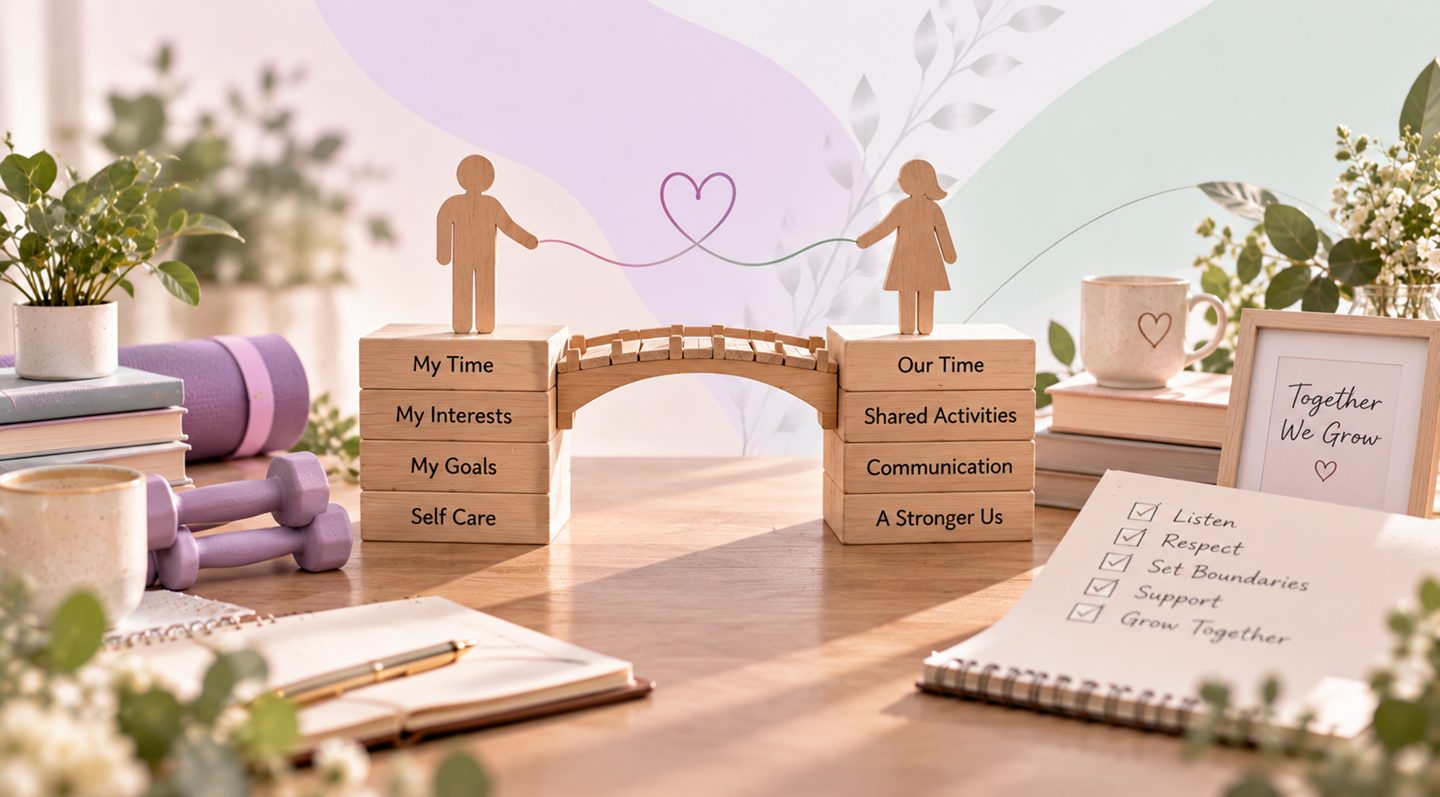 שתי דמויות עץ על בלוקים - My Time מול Our Time - מחוברות בגשר קטן ובחוט בצורת לב, לצד פתקי הקשבה, כבוד והצבת גבולות - איזון בין צמיחה אישית לזוגיות