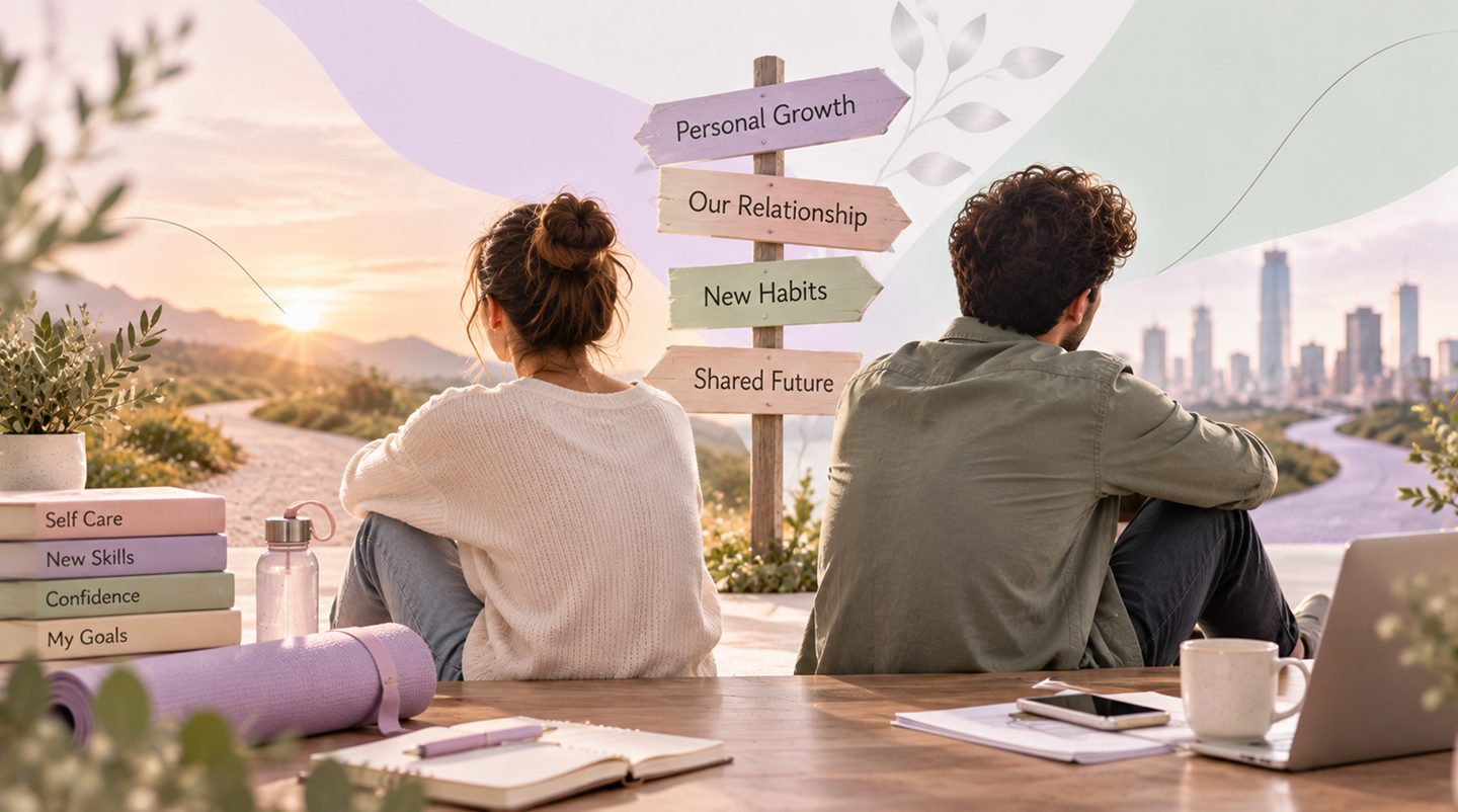 זוג יושב יחד מול שלט כיוונים עם Personal Growth, Our Relationship, New Habits ו-Shared Future בשקיעה - בחירת כיוון משותף בין צמיחה אישית לזוגיות