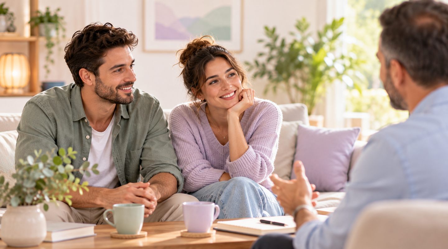 זוג צעיר יושב יחד בשיחת טיפול זוגי לפני החתונה מול אלון שמש, מטפל רגשי ברחובות, באווירה חמה ורגועה