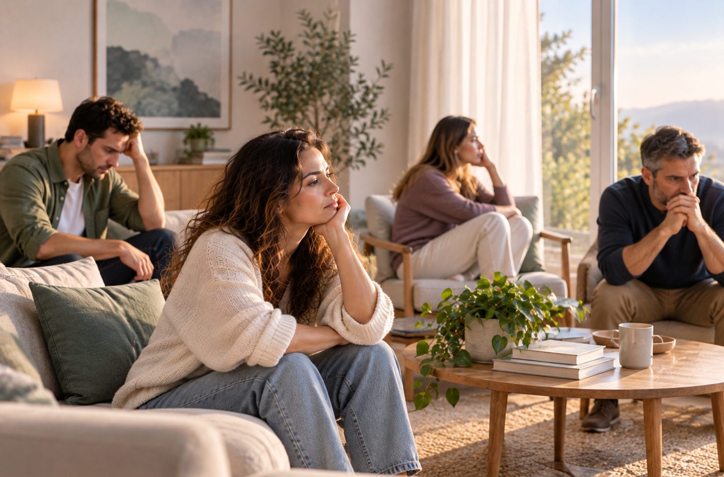 אישה יושבת מהורהרת עם יד על הסנטר בסלון ואנשים נוספים ברקע שקועים במחשבות - תחושת תקיעות וחוסר תנועה בחיים